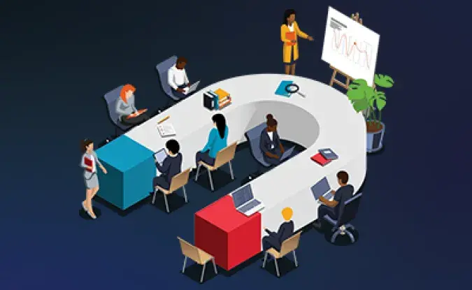 Graphic of a large magnet with small cartoon people using it as a work table for a meeting.