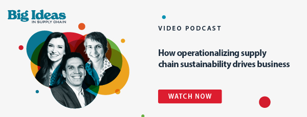 Big Ideas in Supply Chain graphic with red, green, blue and yellow circle designs and black and white headshots of speakers with text reading "Video podcast: How operationalizing supply chain sustainability drives business."