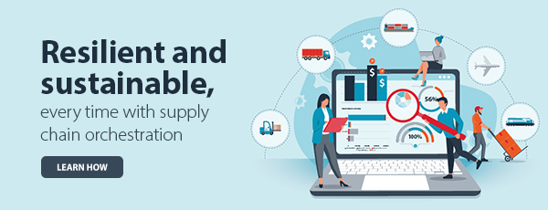 Blue rectangular box graphic with cartoon figures moving through a supply chain with the text: "Resilient and sustainable every time, with supply chain orchestration." Includes clickable "LEARN MORE" button.