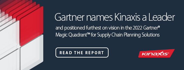 Dark blue banner with a diagram illustrating seven Gartner Magic Quadrants, all featuring a red top right square. Headline on the banner reads, "Gartner names Kinaxis a Leader and positioned furthest on vision in the 2022 Gartner® Magic Quadrant™ for Supply Chain Planning Solutions"