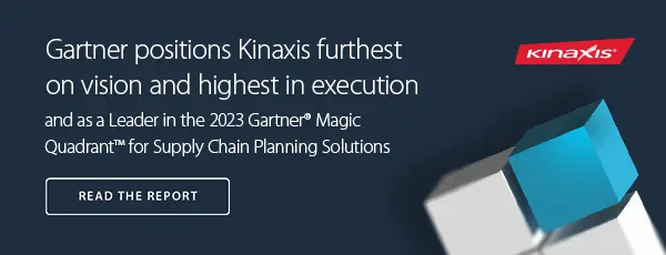 Navy blue box with the words: Gartner positions Kinaxis furthest on vision and highest in execution and as a Leader in the 2023 Gartner(R) Magic Quadrant(TM) for supply chain planning solutions. The Kinaxis red logo is in top right corner. A clickable button reads "READ THE REPORT"