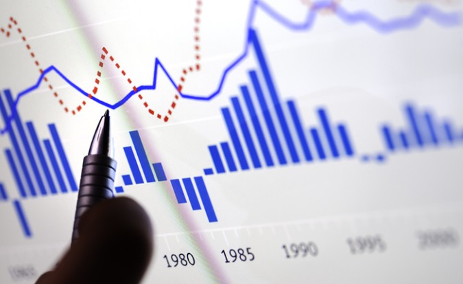 Hand pointing at charts illustrating financial performance