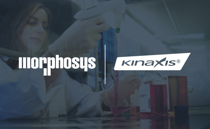Morphosys and Kinaxis logos side-by-side on a dark blue background of a scientist piping solution into a container.