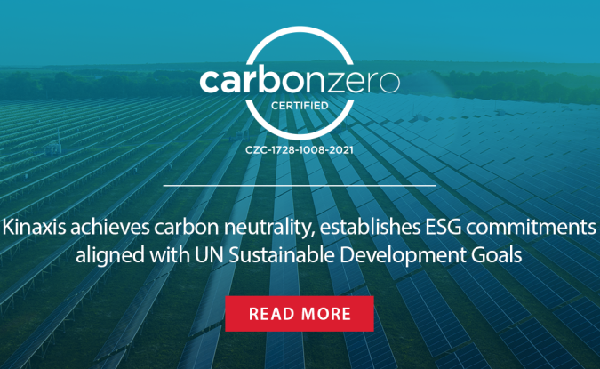 Text overlaying image of solar farm, "Kinaxis achieves carbon neutrality, establishes ESG commitments aligned with UN Sustainable Development Goals"