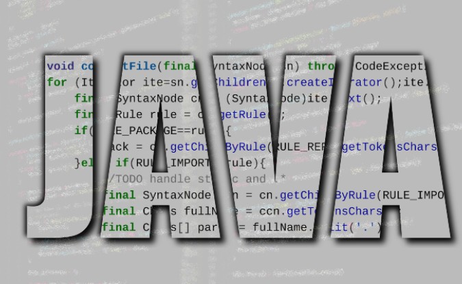 Block letters of the word JAVA with java coding text inside each letter on a pale gray background
