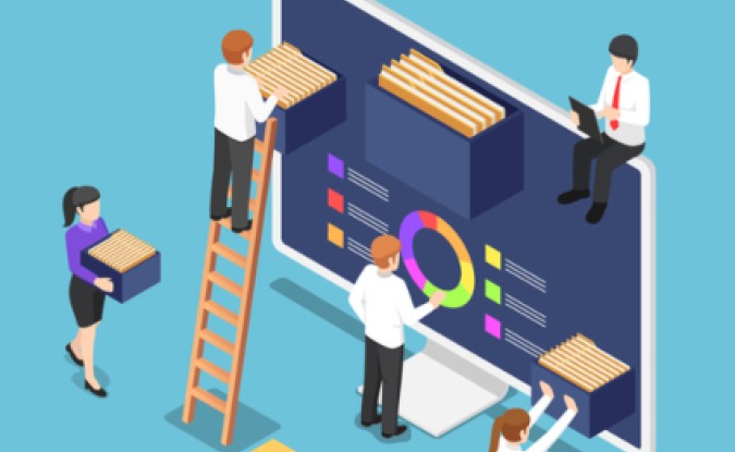 Cartoon image of five data engineering assembling charts and data on an oversized computer monitor