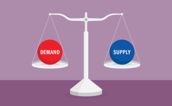 Illustration of white scales with a red circle reading DEMAND on the left scale, and a blue circle reading SUPPLY on the right scale, on a gradient lavender background