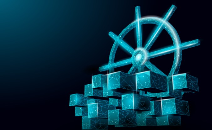 Turquoise sailing wheel next to turquoise colored blocks representing Kubernetes coding