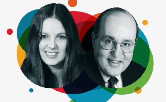 Portraits of Alexa Cheater and Bob Ferrari overlaid on a background of colorful circles.