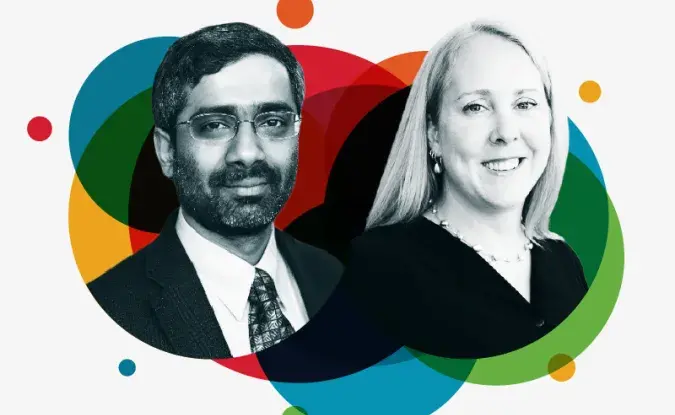 Portraits of Dr. Harish Krishnan, Professor of Operations and Logistics at the Sauder School of Business, and Anne Robinson, Chief Strategy Officer at Kinaxis, on a colorful background.