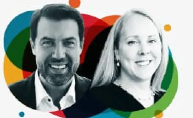 Portaits of Andre Texiera of Jamieson Wellness and Dr. Anne Robinson of Kinaxis overlaid on a colorful background.