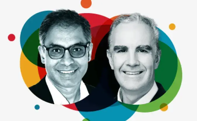Headshots of Tariq Farooq of Sanofi and Matt Spooner of Kinaxis overlaid on a colorful background