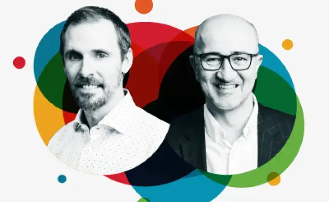 Portraits of Blaine Fitzgerald and Jim Bralsford, both execs at Kinaxis, imposed over a colored circle pattern on a white background.