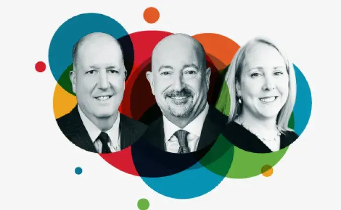Black and white headshots of Mike Corbo of Colgate-Palmolive, Angle Mendez and Dr. Anne Robinson of Kinaxis superimposed over a colorful circle design.