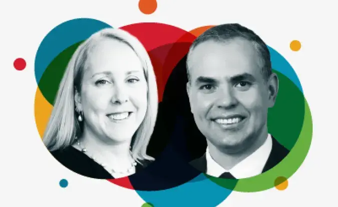 Graphic with black and white headshots of Dr. Anne Robinson of Kinaxis and Rogerio Branco of Eaton superimposed on background with colorful circle designs