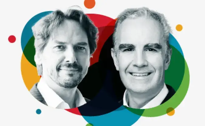 Black and white headshots of Bram Desmet and Matt Spooner superimposed over colorful circle graphics on a white background