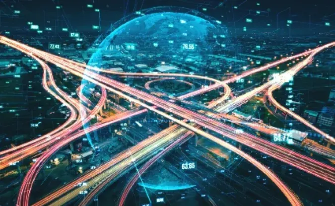 Futuristic road transportation technology with digital data transfer graphic