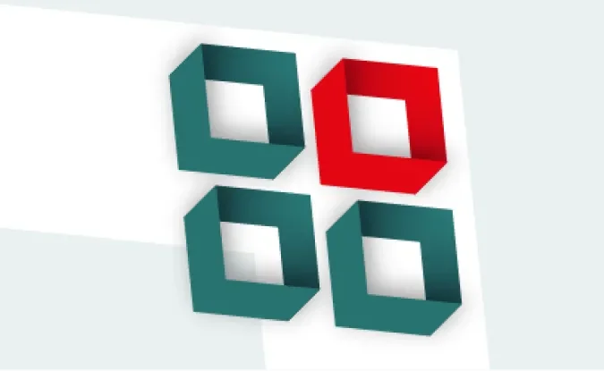 Graphic of four blocks in a quadrant shape. Three are green, and the top right block is red.