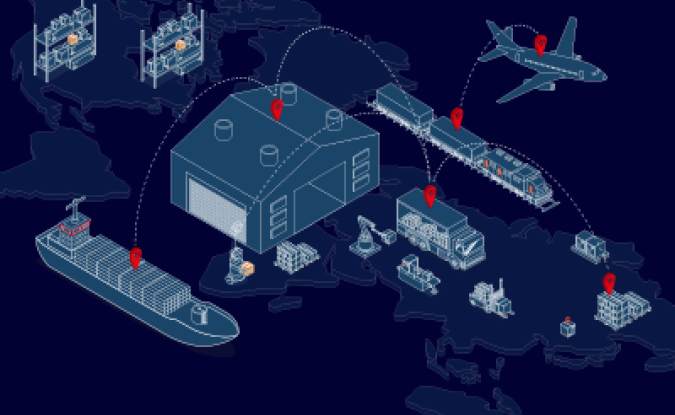Blue transportation, logistics and supply chain icon images on a navy blue background