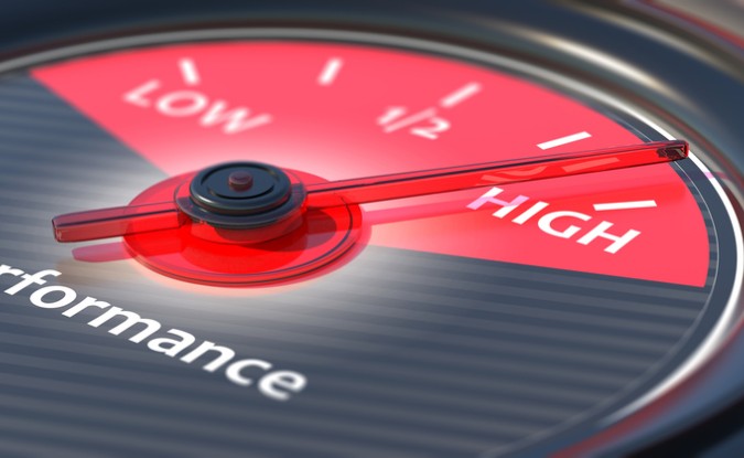 Auto meter with a gauge for high or low performance, pointing to "high"