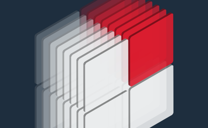 Dark blue background with a diagram illustrating seven Gartner Magic Quadrants, all featuring a red top right square.