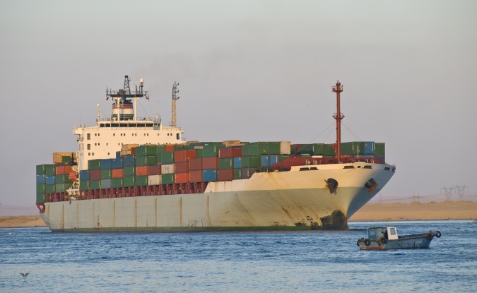 Transport ship passing through the Suez Canal in Egypt