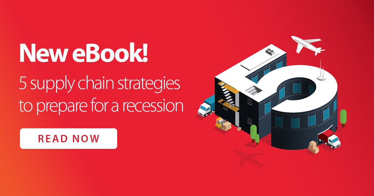 White text on a red background reads, "New eBook! 5 supply chain strategies to prepare for a recession. Read now." A building shaped like the number 5 is surrounded by freight trucks, a fork lift and an airplane.