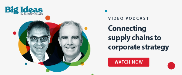 Text "Connecting supply chains to corporate strategies" next to headshots of Tariq Farooq and Matt Spooner against background of colored circle graphics
