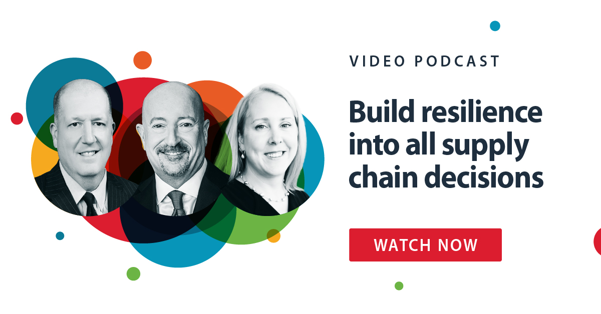 Big Ideas in Supply Chain graphic with red, green, blue and yellow circle designs and black and white screenshot of speakers Mike Corbo of Colgate-Palmolive, Angel Mendez and Dr. Anne Robinson of Kinaxis, with a hyperlink for on-demand podcast.