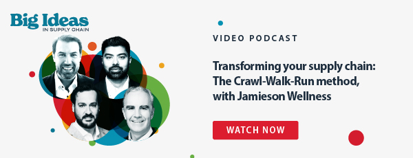 Big Ideas in Supply Chain graphic with red, green, blue and yellow circle designs and black and white headshots of four podcast presenters with text reading Transform your supply chain with the Crawl-Walk-Run method, with Jamieson Wellness