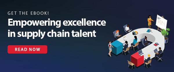 Navy blue graphic with text that says "Empowering excellence in supply chain talent" and a red hyperlinked block that reads "read the eBook"