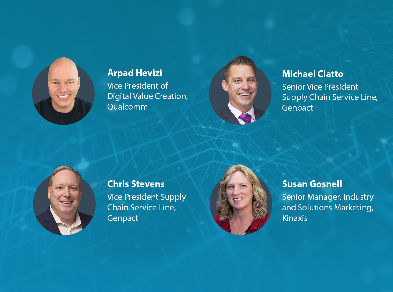 Blue box graphic with headshot images of four speakers on the Kinaxis webinar with Qualcomm and Genpact