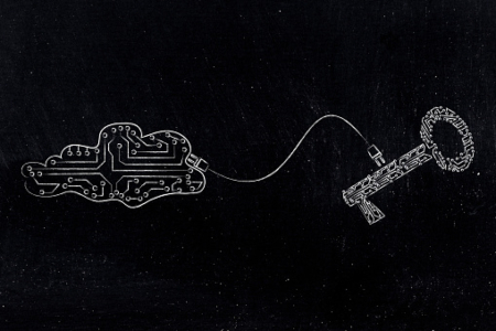 key and cloud made of electronic circuits connected to each other with a plug, concept of big data processing and security