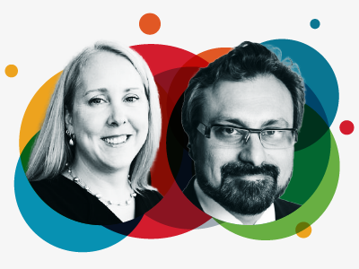 Black and white headshots of Anne Robinson and Mohan Sodhi with red, green, yellow and blue circles in background