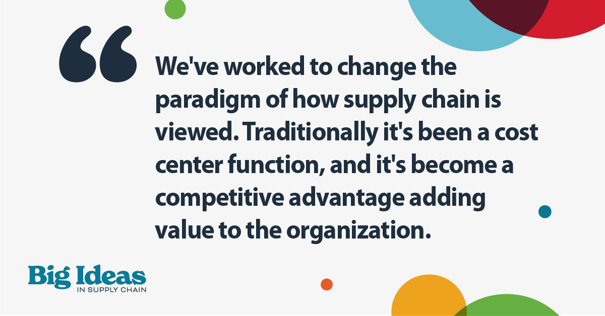 A pull quote reading, "We've worked to change the paradigm of how supply chain is viewed. Traditionally it's been a cost center function, and it's become a competitive advantage adding value to the organization."
