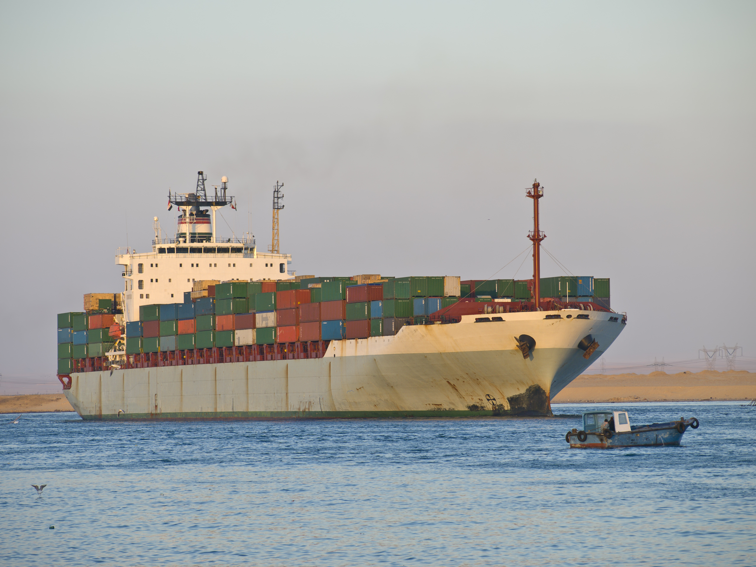 Transport ship passing through the Suez Canal in Egypt