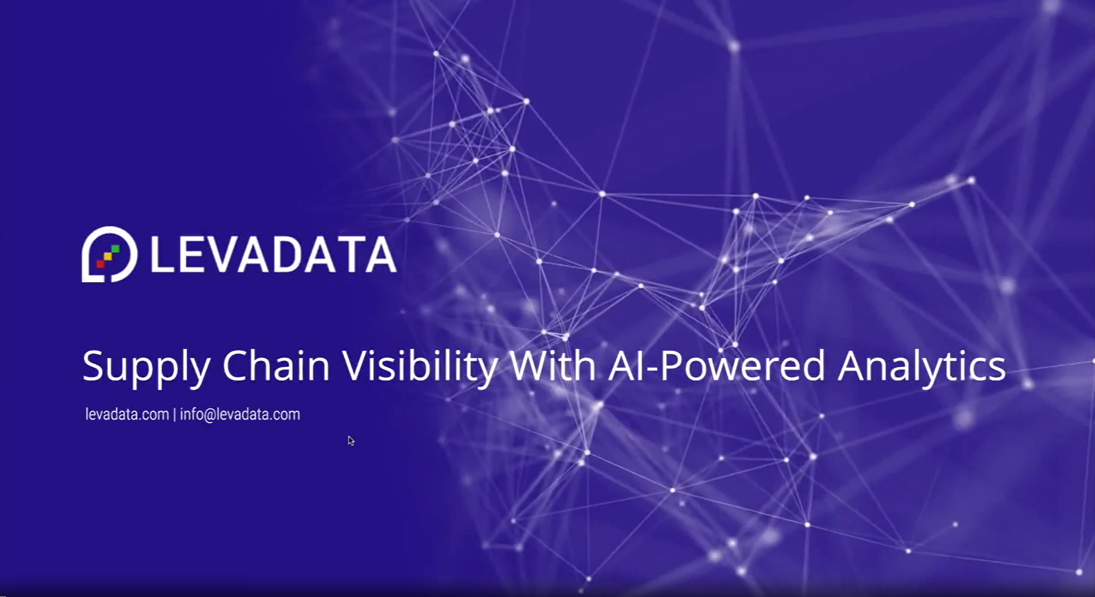 Purple background with a white text overlay reading, "LevaData: Supply Chain Visibility with AI-Powered Analytics. LevaData.com | info@levadata.com"