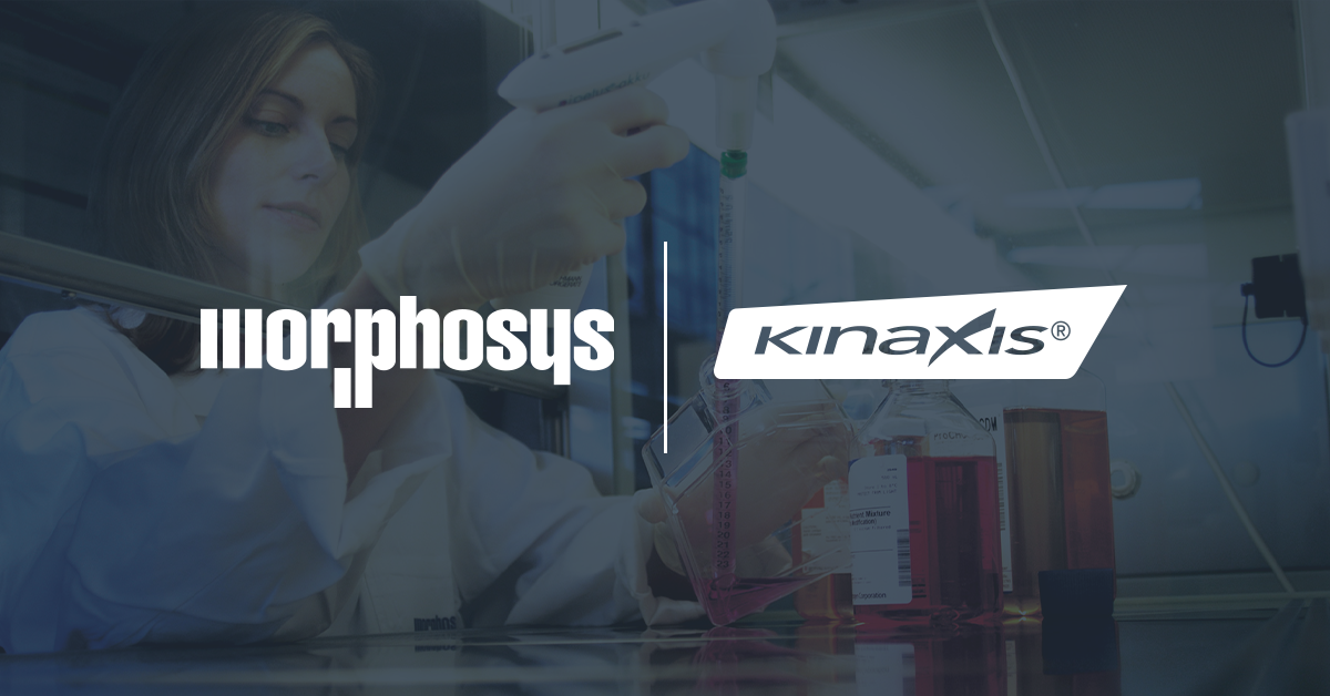 Morphosys and Kinaxis logos side-by-side on a dark blue background of a scientist piping solution into a container.
