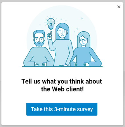 A graphic of a web client survey popup with a blue button reading, "Take our 3 minute survey"