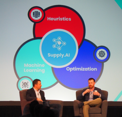 Andrew Bell and Andrew Dunbar sit in front of a diagram of Supply.AI, illustrating the way heuristics, machine learning and optimization work together in this new Kinaxis Planning.AI amplifier.