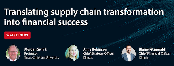 A call-to-action banner with the headline, "Translating supply chain transformation into financial success" followed by portraits of speakers Morgan Swink, Anne Robinson and Blaine Fitzgerald.