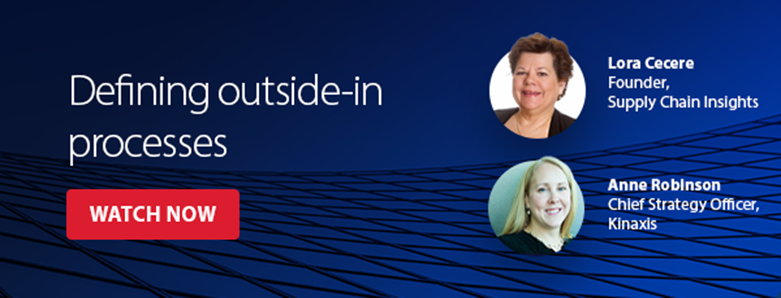 Dark blue banner with white text overlay reading, "Defining outside-in processes" followed by a red "WATCH NOW" button and bordered by circular portraits of the webinar speakers, Lora Cecere of Supply Chain Insights and Anne Robinson of Kinaxis.